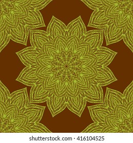 Vector nature seamless pattern with abstract flowers. Vector round mandala in childish style. Ornamental doodle background.