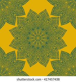 Vector nature seamless pattern with abstract flowers. Vector round mandala in childish style. Ornamental doodle background.