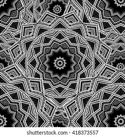 Vector nature seamless pattern with abstract ornament. Vector round mandala in childish style. Ornamental doodle background.