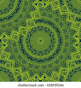 Vector nature seamless pattern with abstract ornament. Vector round mandala in childish style. Ornamental doodle background.