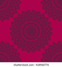 Vector nature seamless pattern with abstract ornament. Vector round mandala in childish style. Ornamental doodle background.