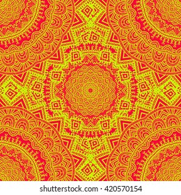 Vector nature seamless pattern with abstract ornament. Vector round mandala in childish style. Ornamental doodle background.