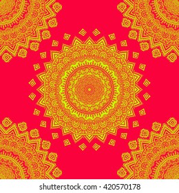 Vector nature seamless pattern with abstract ornament. Vector round mandala in childish style. Ornamental doodle background.