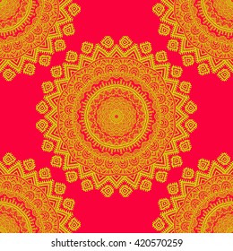 Vector nature seamless pattern with abstract ornament. Vector round mandala in childish style. Ornamental doodle background.