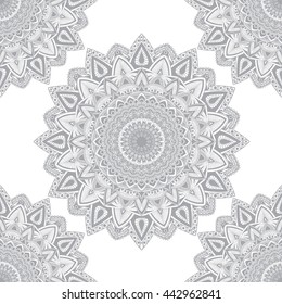 Vector nature seamless pattern with abstract ornament. Vector round mandala in childish style. Ornamental doodle background.