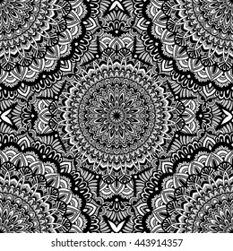 Vector nature seamless pattern with abstract ornament. Vector round mandala in childish style. Ornamental doodle background.