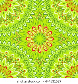 Vector nature seamless pattern with abstract ornament. Vector round mandala in childish style. Ornamental doodle background.