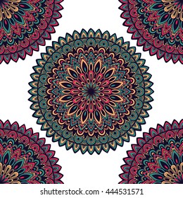 Vector nature seamless pattern with abstract ornament. Vector round mandala in childish style. Ornamental doodle background.