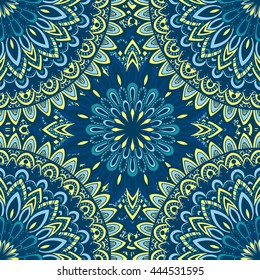 Vector nature seamless pattern with abstract ornament. Vector round mandala in childish style. Ornamental doodle background.