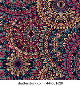 Vector nature seamless pattern with abstract ornament. Vector round mandala in childish style. Ornamental doodle background.