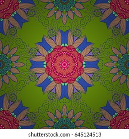 Vector nature seamless pattern with abstract ornament. Vector round mandala in childish style. Ornamental doodle on white background.