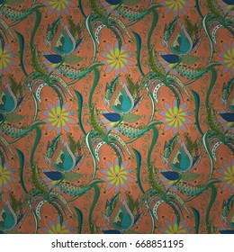 Vector nature seamless pattern with abstract ornament. Vector round mandala in childish style. Ornamental doodle on colors background.