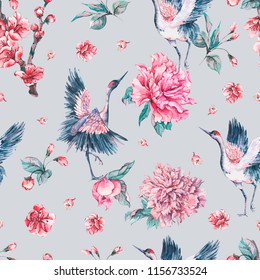 Vector nature seamless pattern with crane, pink flowers peonies and blooming branches of cherry, Animal decoration, Botanical illustration