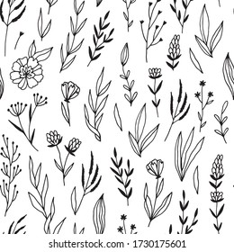 Vector nature seamless pattern with flowers and meadow plants. Floral texture for fabric design in hand-drawn style. 