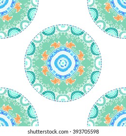 Vector nature seamless pattern with forest and foxes. Vector round mandala in childish style. Ornamental doodle background.