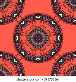 Vector nature seamless pattern with forest and foxes. Vector round mandala in childish style. Ornamental doodle background.