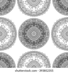 Vector nature seamless pattern with forest and foxes. Vector round mandala in childish style. Ornamental doodle background.