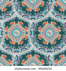 Vector nature seamless pattern with forest and foxes. Vector round mandala in childish style. Ornamental doodle background.