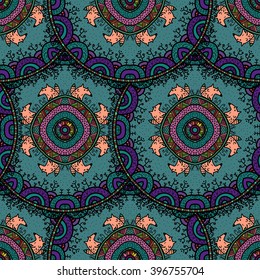 Vector nature seamless pattern with forest and foxes. Vector round mandala in childish style. Ornamental doodle background.