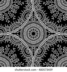 Vector nature seamless pattern with forest. Vector round mandala in childish style. Ornamental doodle background.