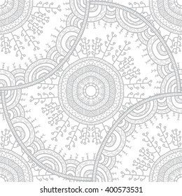 Vector nature seamless pattern with forest. Vector round mandala in childish style. Ornamental doodle background.