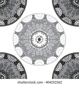 Vector nature seamless pattern with forest. Vector round mandala in childish style. Ornamental doodle backgr?und.