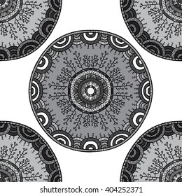 Vector nature seamless pattern with forest. Vector round mandala in childish style. Ornamental doodle backgr?und.