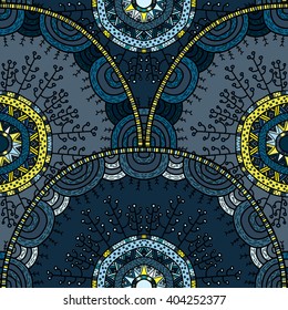 Vector nature seamless pattern with forest. Vector round mandala in childish style. Ornamental doodle backgr?und.