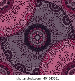 Vector nature seamless pattern with forest. Vector round mandala in childish style. Ornamental doodle background.