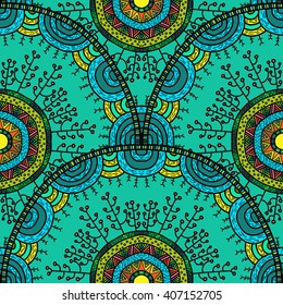 Vector nature seamless pattern with forest. Vector round mandala in childish style. Ornamental doodle background.