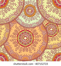 Vector nature seamless pattern with forest. Vector round mandala in childish style. Ornamental doodle background.