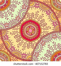 Vector nature seamless pattern with forest. Vector round mandala in childish style. Ornamental doodle background.