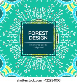 Vector nature seamless pattern with forest. Vector round mandala in childish style. Ornamental doodle background.