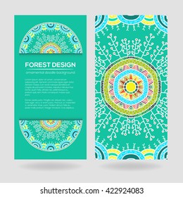Vector nature seamless pattern with forest. Vector round mandala in childish style. Ornamental doodle background.