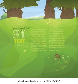 Vector nature series with copyspace. Spring or summer meadow with flowers, trees, funny snail and mountains in the background