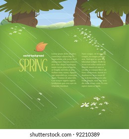 Vector nature series with copyspace. Spring or summer meadow with flowers, trees, butterfly and mountains in the background