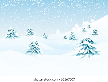 Vector nature series. Vector winter landscape with pine trees and distant hills.