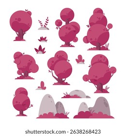 Vector nature set with pink trees, bushes, and rocks in flat fantasy style for game or design.