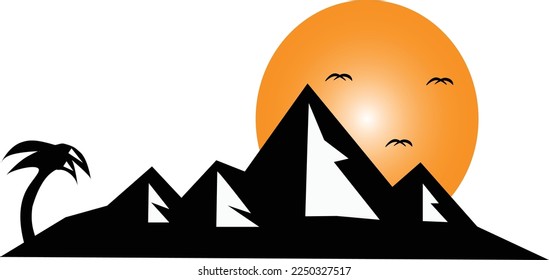 vector nature silhouette of mountain at sunset with birds