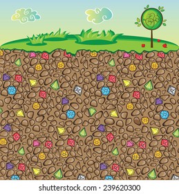 Vector nature, stones and gems in different colors underground 