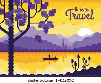 Vector naturaleza paisaje de verano con mar, montañas y puesta de sol y barco de pesca. Viaje de verano. Banner de estilo moderno se puede usar para tarjeta de regalo, volante, postal, afiche, portada, folleto, calendario.