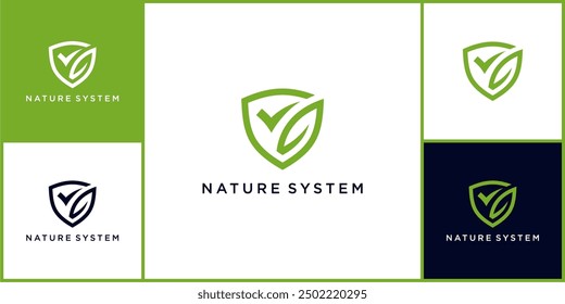 vector nature system logo and icon, made of leaves, shields, and check marks can be used in various media easily, editable