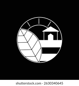 vector nature theme logo design circle shape with line art style and bold style white color on black background