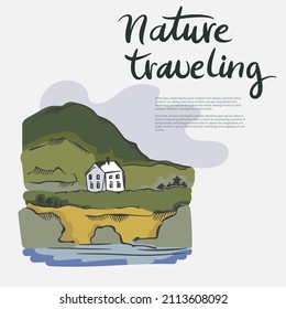 Vector nature traveling landscape background. Road in the forest, mountains, hills, trees, clouds and lettering on the sky. Hand drawn doodle illustration of nature.