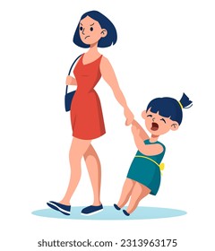 Vector of naughty child crying, having a tantrum and a disgruntled young mother. 