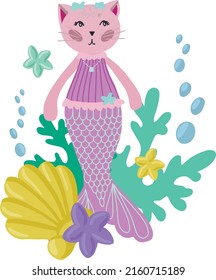 Vector nautical baby print cat mermaid, corals and seashells. For printing on clothes, toys, etc.