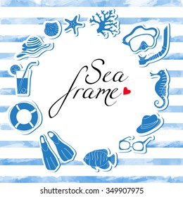 Vector nautical background. Frame. Watercolor texture. Sea elements. Set.