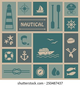 vector nautical background, set icons, captain and sailor, sea boat