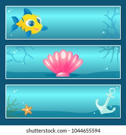 Vector nautical banner templates with fish, starfish, anchor, seashell and place for text. Perfect for invitation, greeting cards, frames and borders.