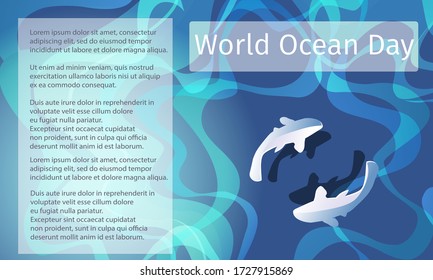 Vector nautical banner for World Ocean Day. Blue background with fish in the deep ocean for text, presentations, posters and advertising.